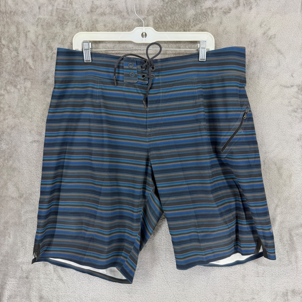Lululemon Mens Striped Board Shorts Blue Grey Size 38 Swim Trunks Lace Up Pocket